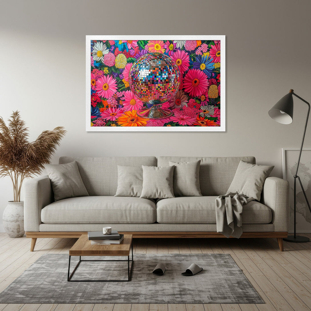 Framed Poster featuring a disco ball and vibrant floral design. Bold and colorful art for a stylish home.