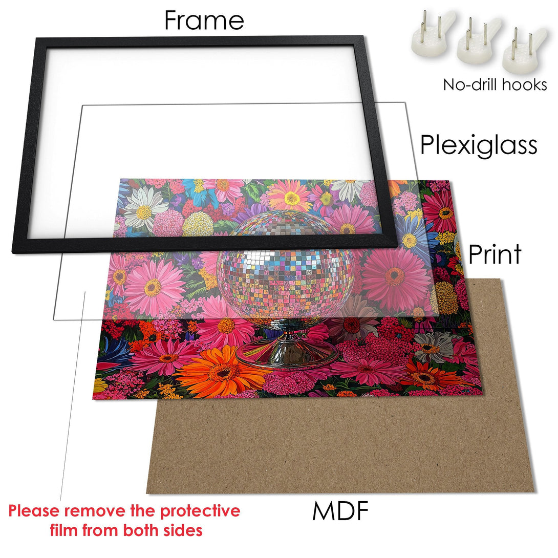 Framed Poster featuring a disco ball surrounded by colorful flowers. Vibrant, eye-catching floral art in a black frame, ready to hang!