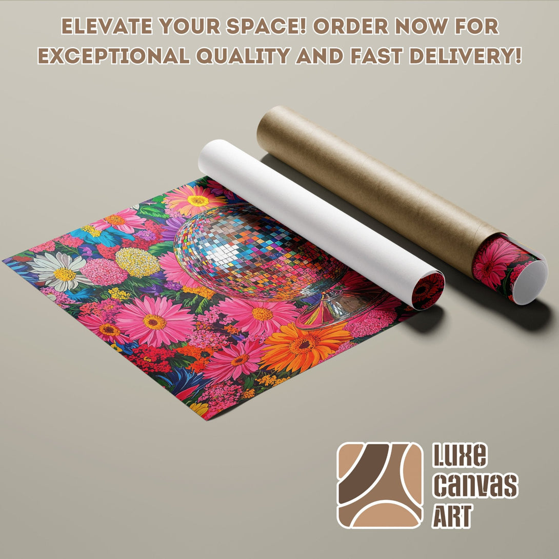Poster Roll featuring a vibrant floral and disco ball design, colorful palette.