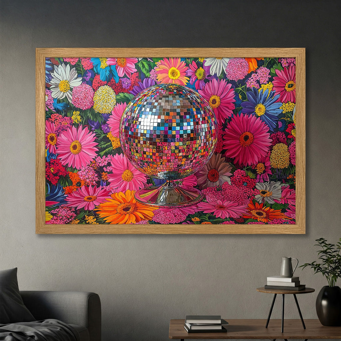 Framed Poster featuring a vibrant disco ball and floral background. Bright, colorful art in a modern style. Perfect wall decor!