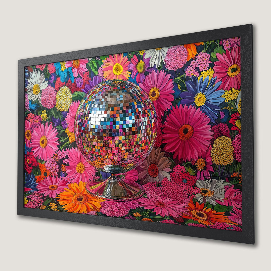 Framed Poster featuring a disco ball and floral design in vibrant, colorful hues. Add a pop of fun to your space!