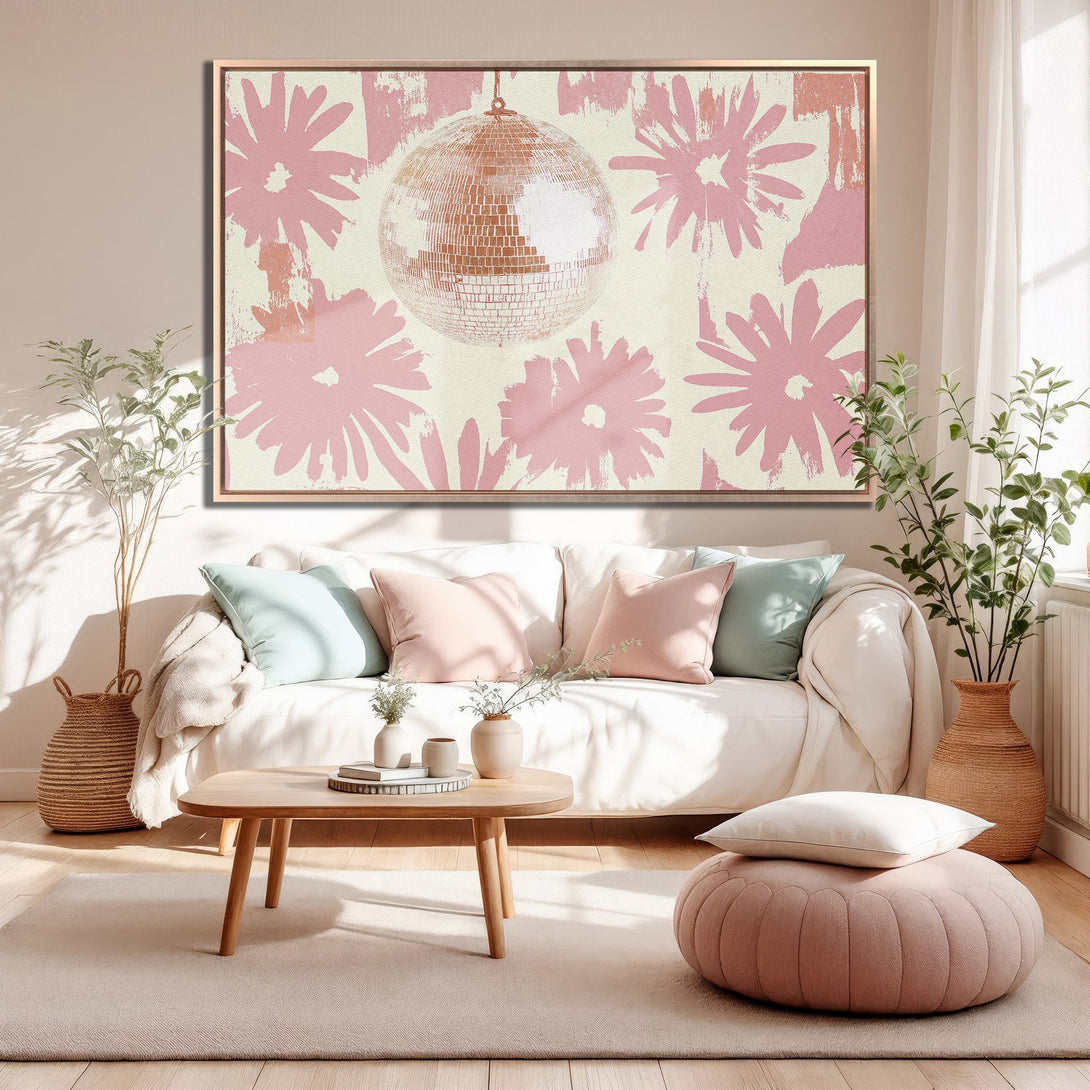 Framed Wall Art: Abstract disco ball print in pink and cream, perfect for adding a touch of retro style to your living room décor.