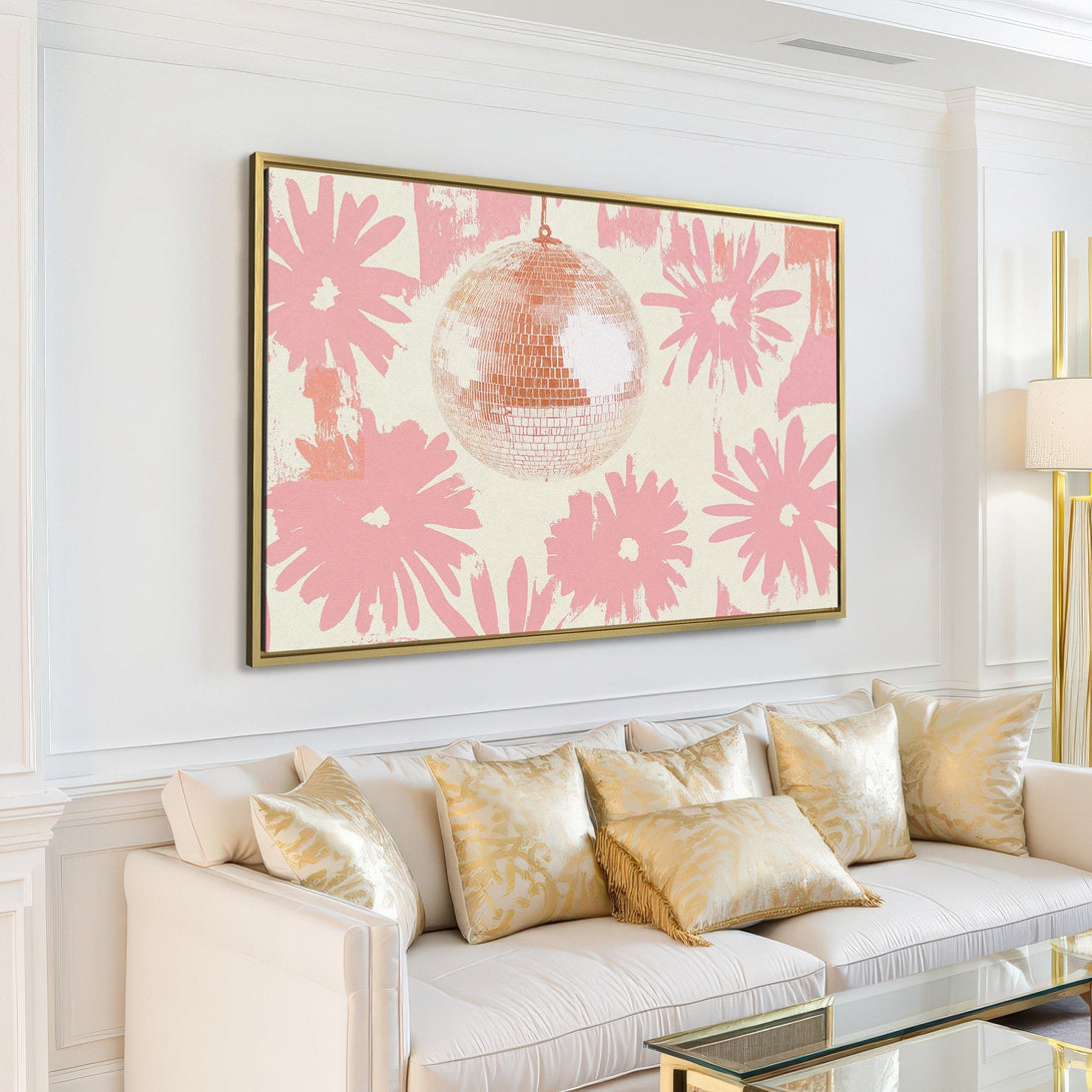 Canvas Print featuring a disco ball and pink floral design, perfect for adding a touch of retro style to your living room.