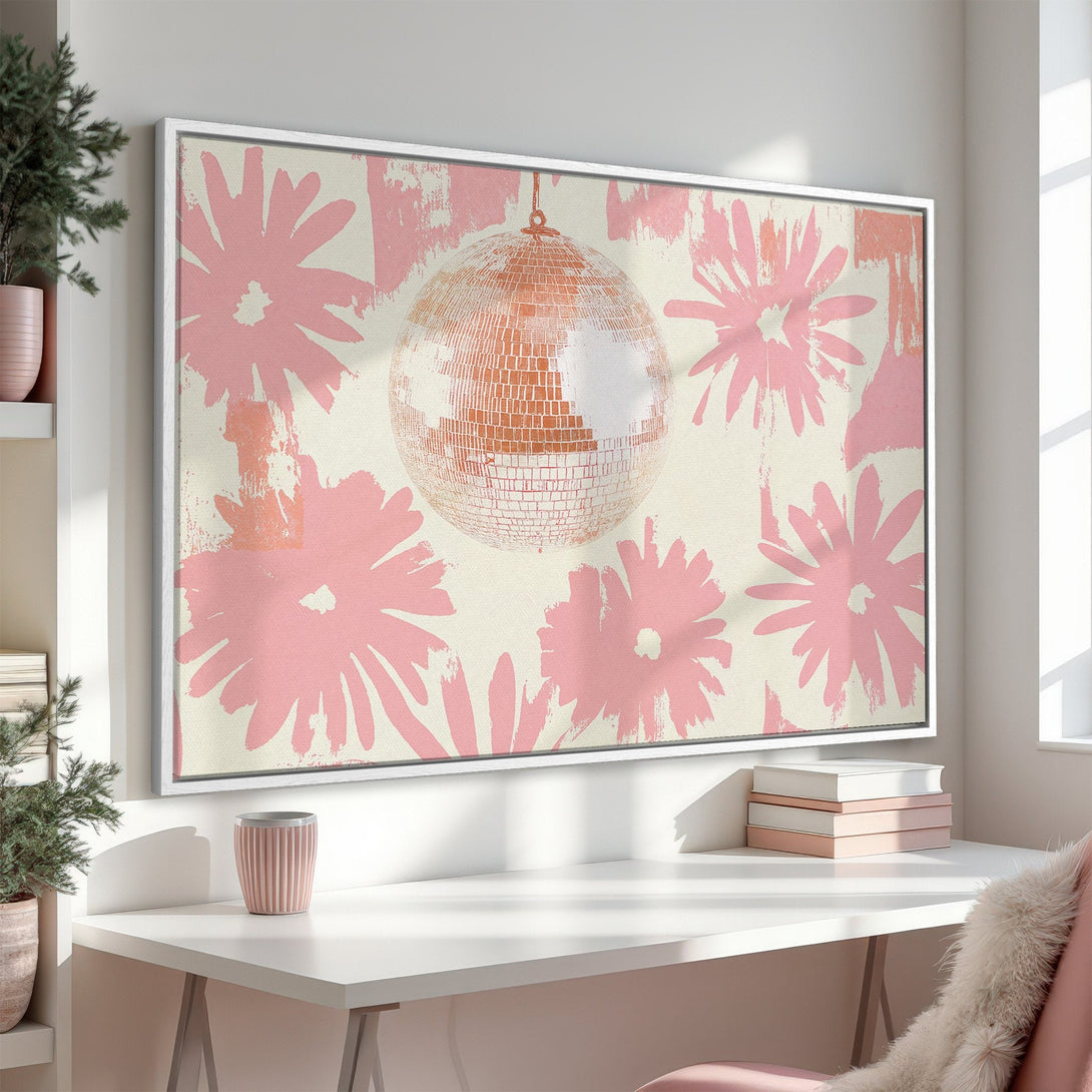 Framed Wall Art featuring a disco ball and floral design in pink and cream. Modern art for home decor, adding a touch of retro style.