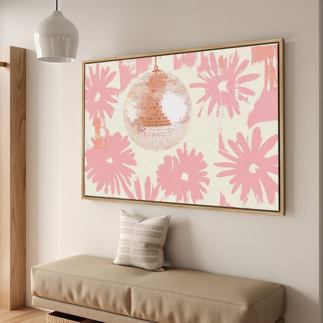 Framed Wall Art featuring a disco ball and pink floral pattern. Modern, stylish Canvas Print with a neutral and pink color palette for home decor.