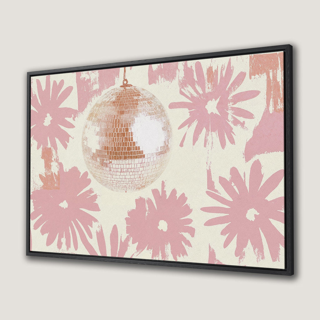 Framed Wall Art: Disco ball & floral design in pink & cream. Modern, abstract style Canvas Print adds a pop of retro flair to any room.