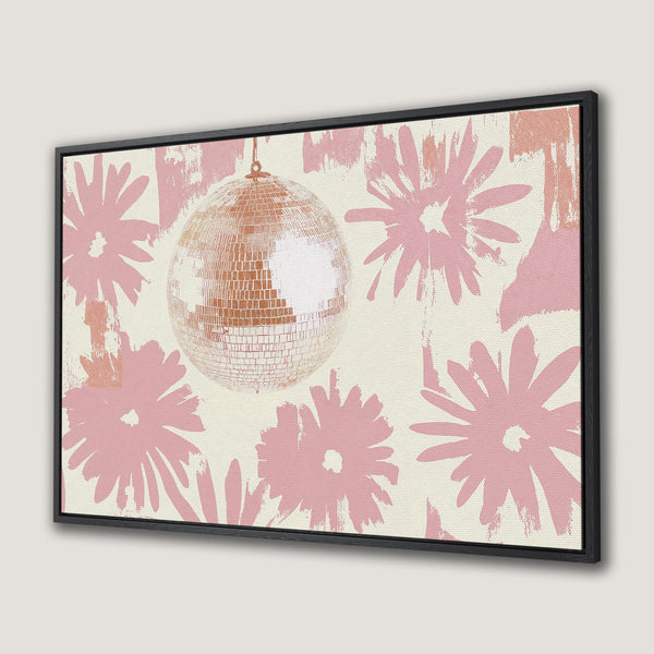 Framed Wall Art: Disco ball & floral design in pink & cream. Modern, abstract style Canvas Print adds a pop of retro flair to any room.