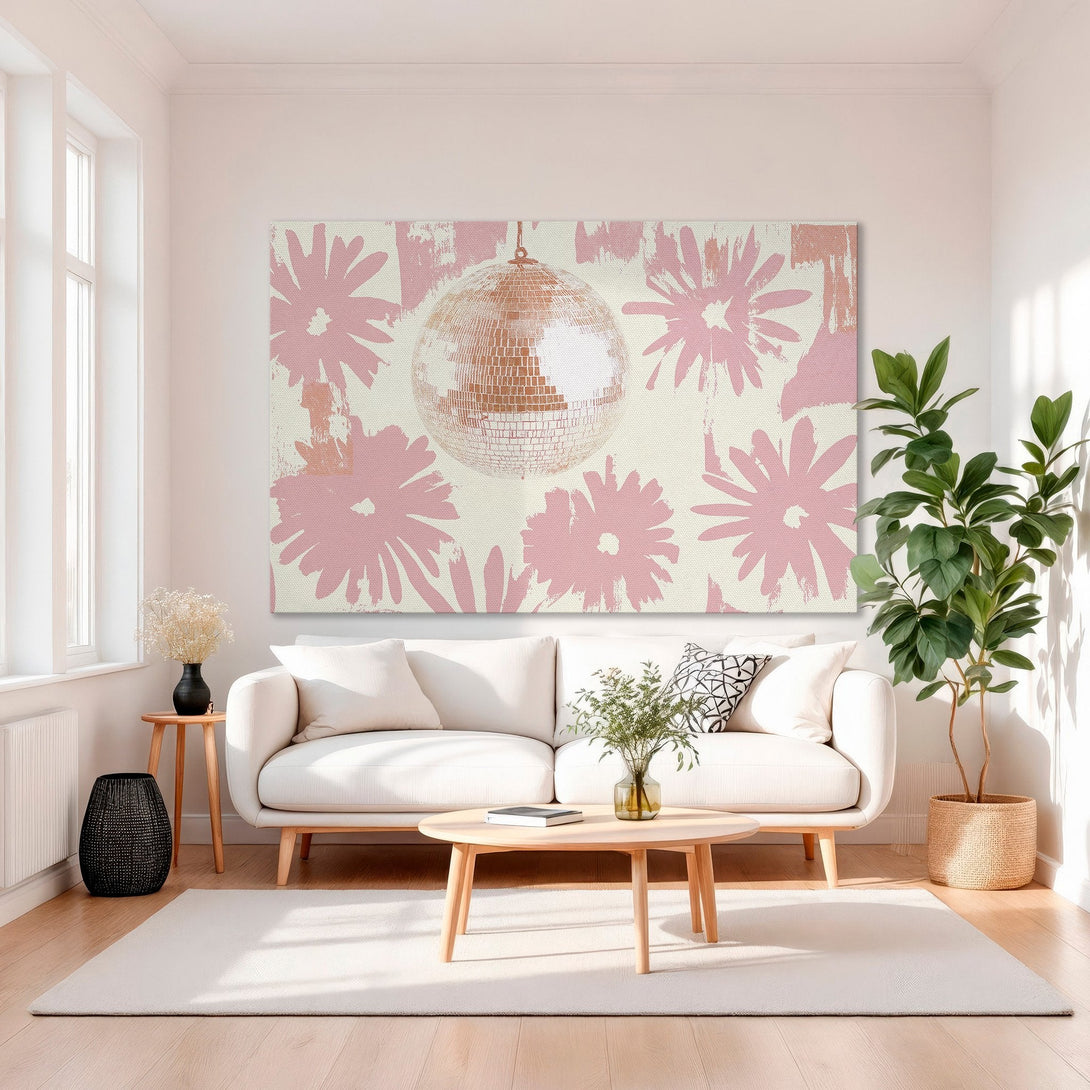 Framed Wall Art featuring a disco ball and pink flowers. Modern art with a blush and cream color palette. Perfect for adding a pop of color to your living room.