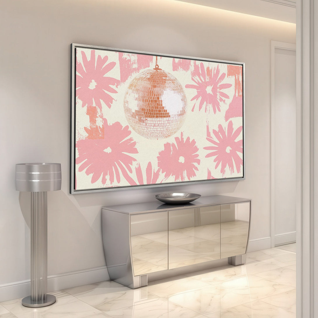 Framed Wall Art featuring a disco ball and pink floral design. Modern art in a stylish interior, perfect for adding color and personality to any space.