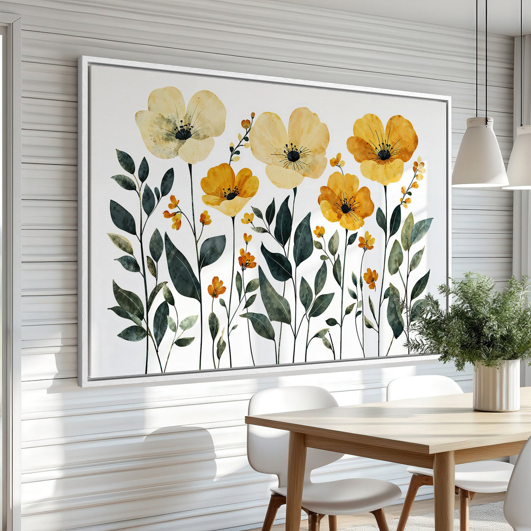 Framed Wall Art of watercolor yellow flowers, perfect for adding a touch of nature to your home decor. Warm, inviting color palette.