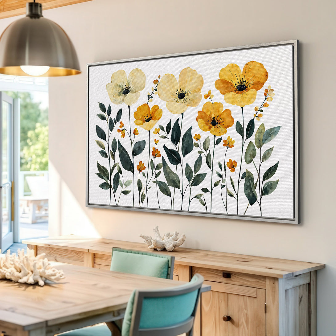 Framed Wall Art: Watercolor floral Canvas Print in yellow & green. Adds a touch of nature & elegance to any space. Perfect for living rooms & bedrooms.