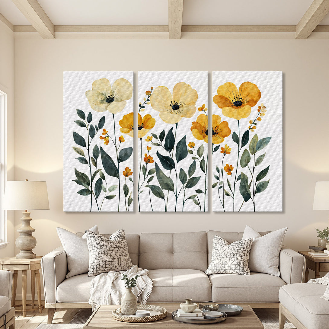 Canvas Print: Watercolor floral art in yellow and green hues. Modern wall decor for living room.