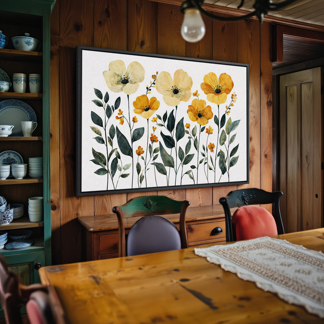 Framed Wall Art: Watercolor floral print in yellow and green, perfect for adding a touch of nature to your home decor. Shop now!