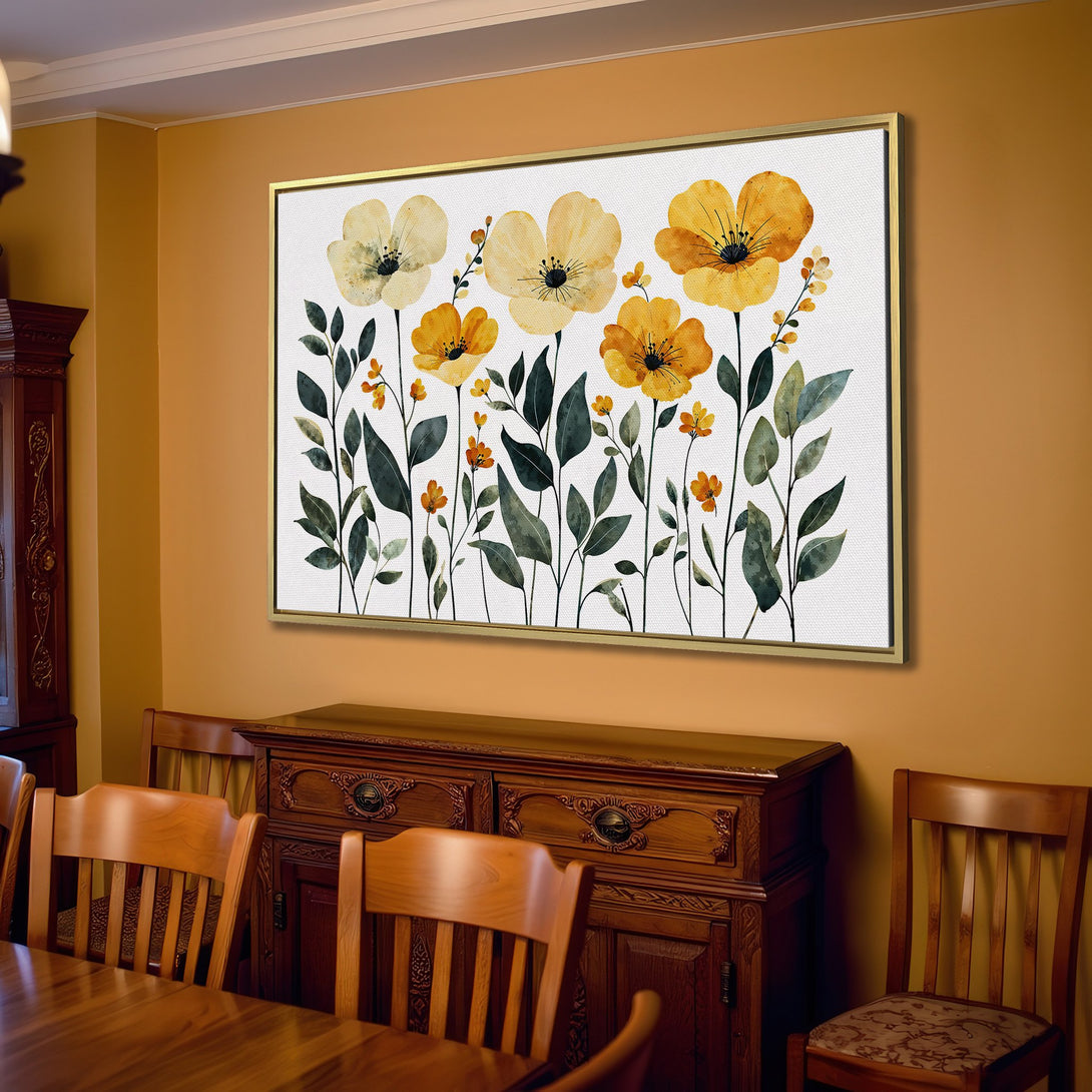 Canvas Print of watercolor yellow flowers in a warm, inviting living room. Perfect floral wall art for a cozy, modern home.
