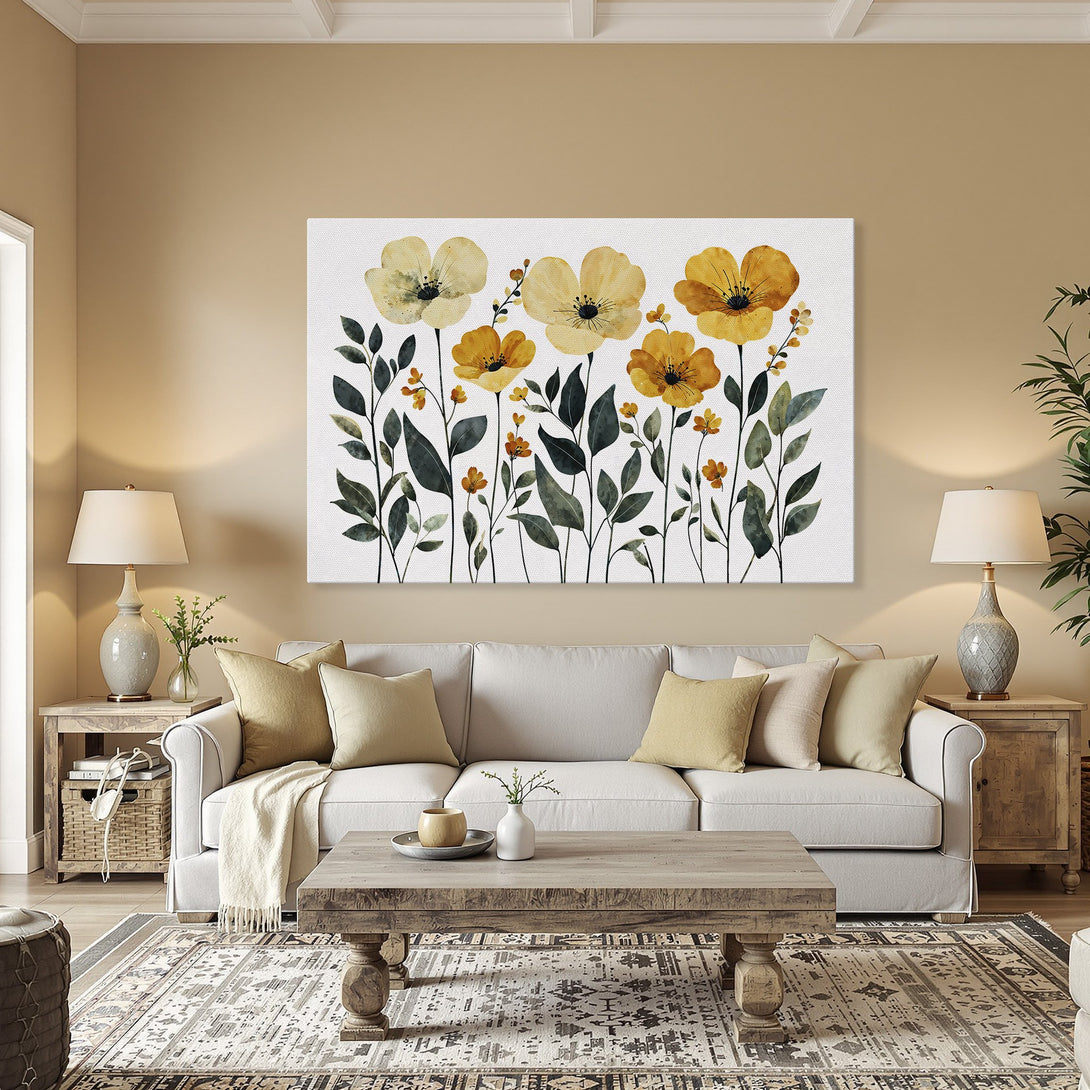 Framed Wall Art: Watercolor floral print in yellow and green, adding a touch of nature to your dining room. Shop now!