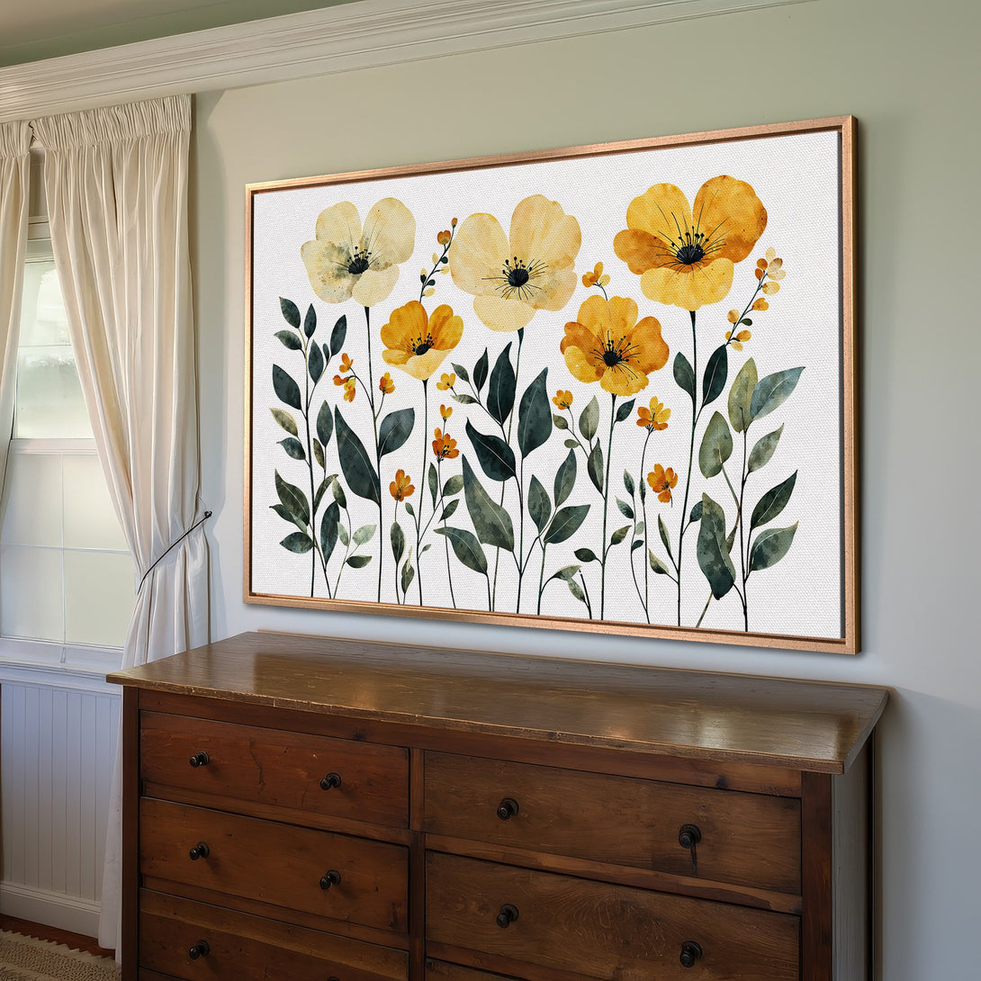 Framed Wall Art featuring watercolor yellow flowers. Adds a touch of nature & warmth to any room. Perfect for a modern, botanical style.