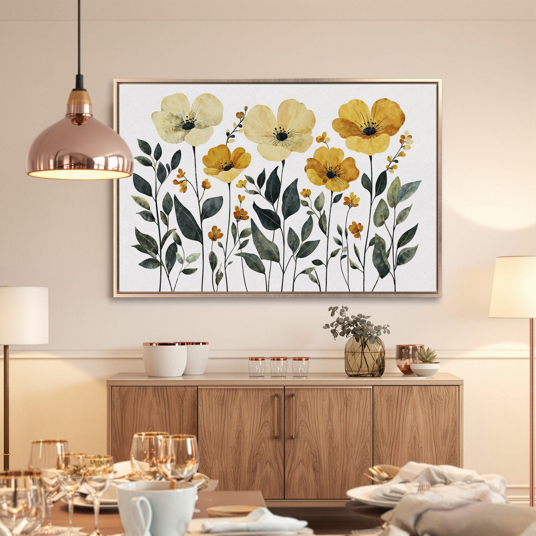 Framed Wall Art: Watercolor floral print in yellow and green hues. Modern botanical art perfect for dining room decor.