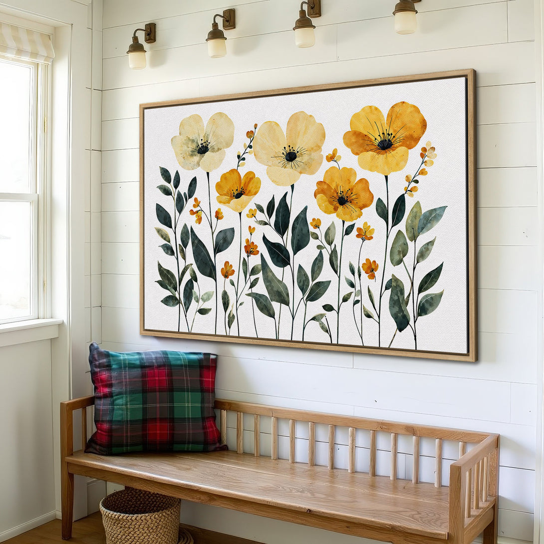 Canvas Print of watercolor yellow floral art, a vibrant addition to any space. Features a warm, inviting color palette.