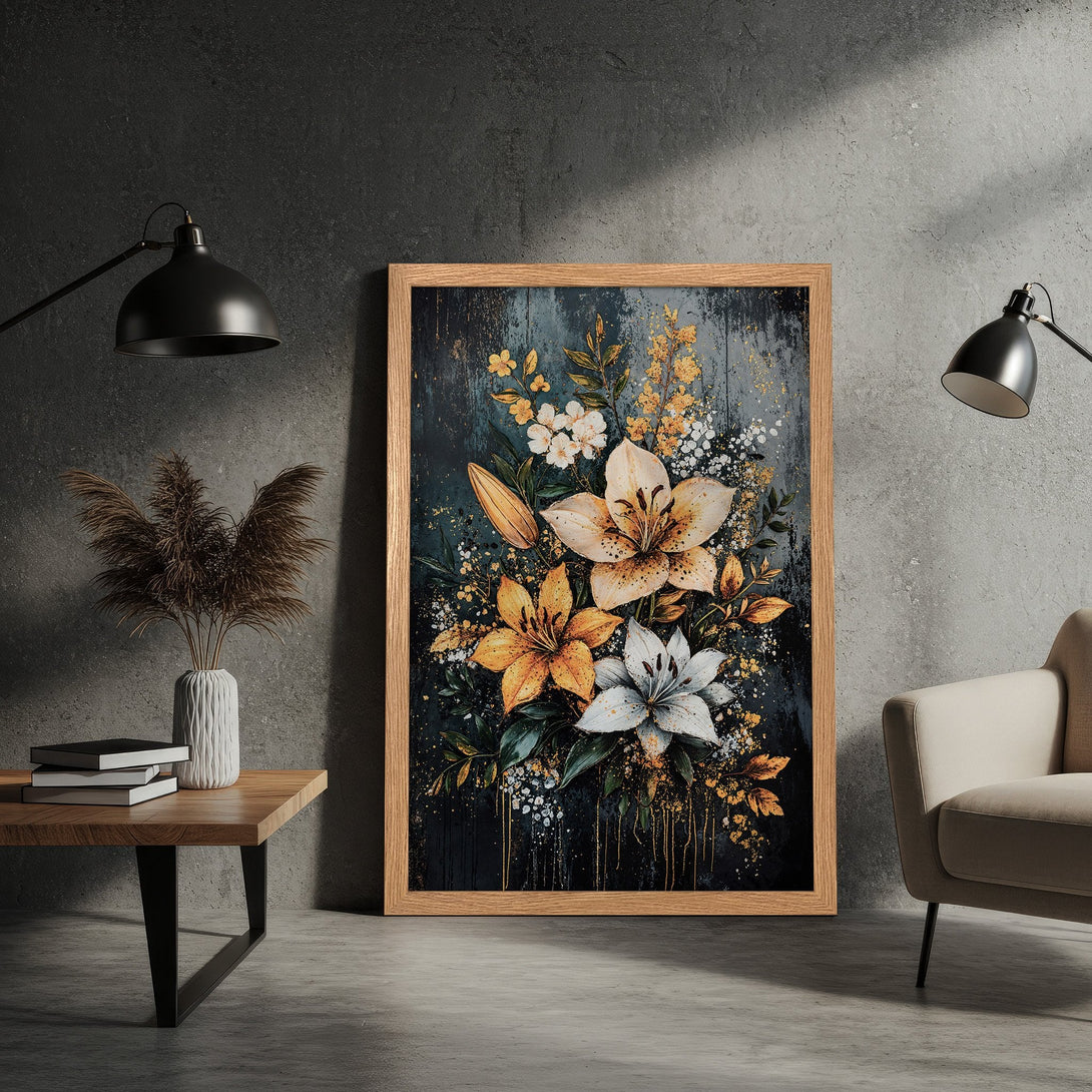 Framed Poster featuring a floral art print. Dark, moody style with gold, white, and yellow lilies on a textured background. Perfect wall decor!