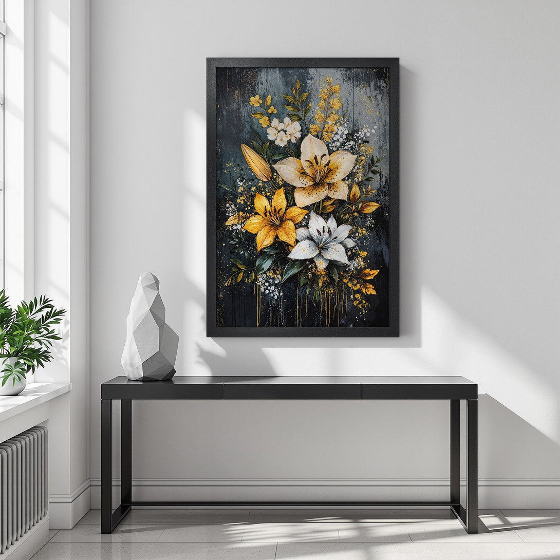 Framed Poster featuring vibrant floral art in yellow, white, and gold against a dark background. Perfect wall decor!