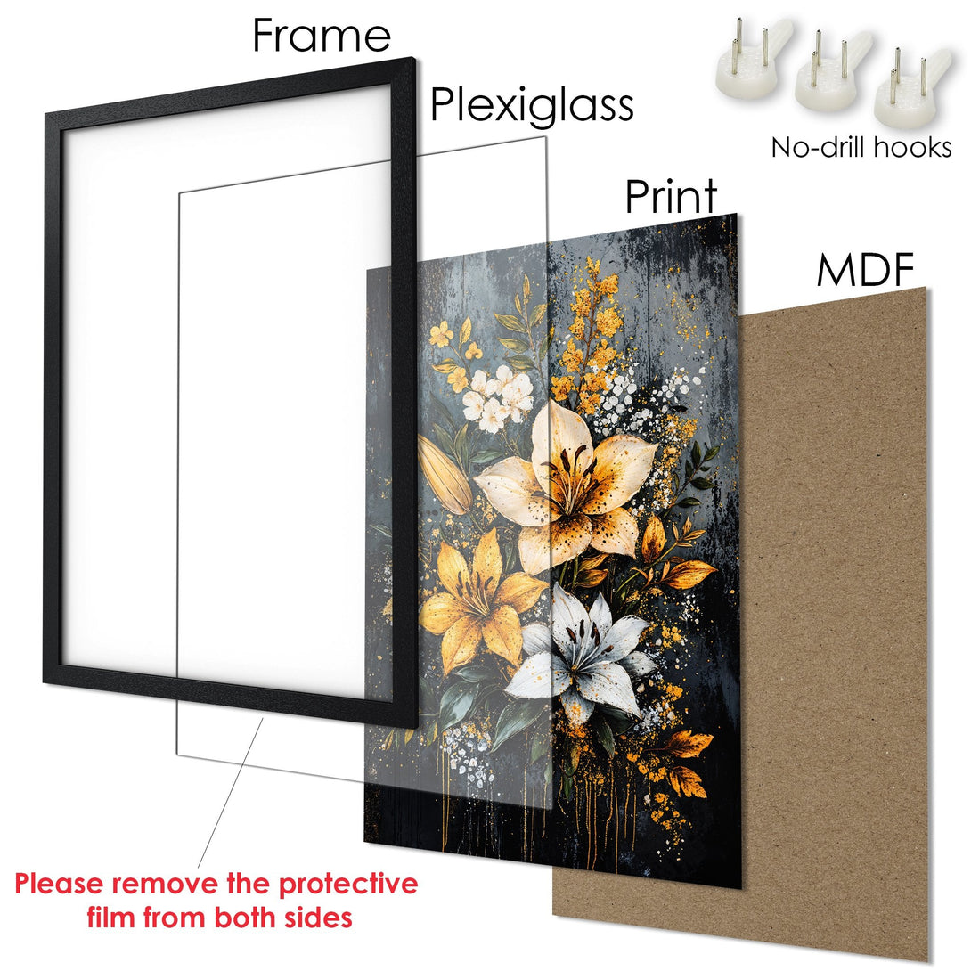 Framed Poster with floral art. Features a dark, moody style with a gold, white, and black color palette. Perfect wall decor.