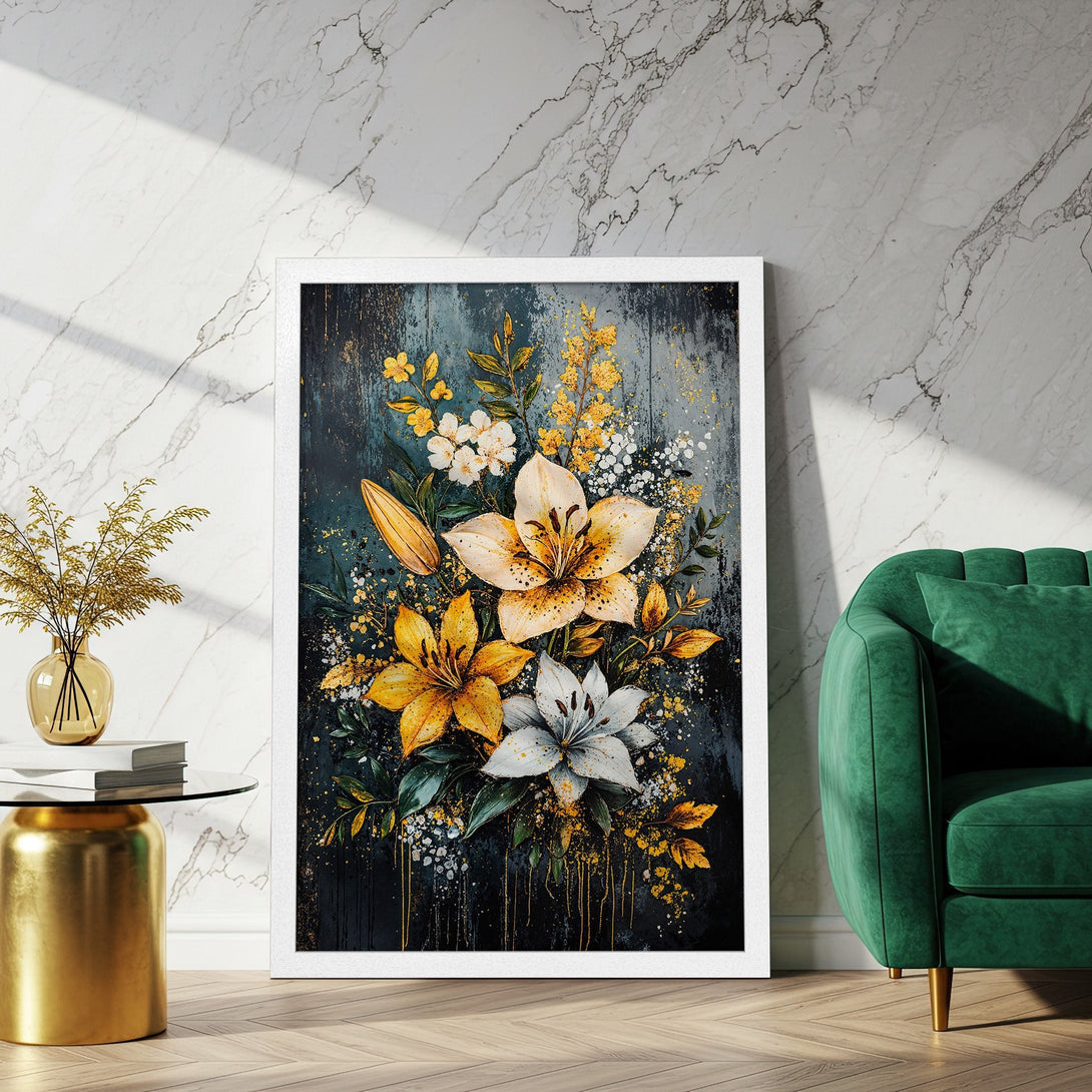 Framed Poster featuring a floral artwork in a dark, moody style with yellow and white lilies. Modern art decor.