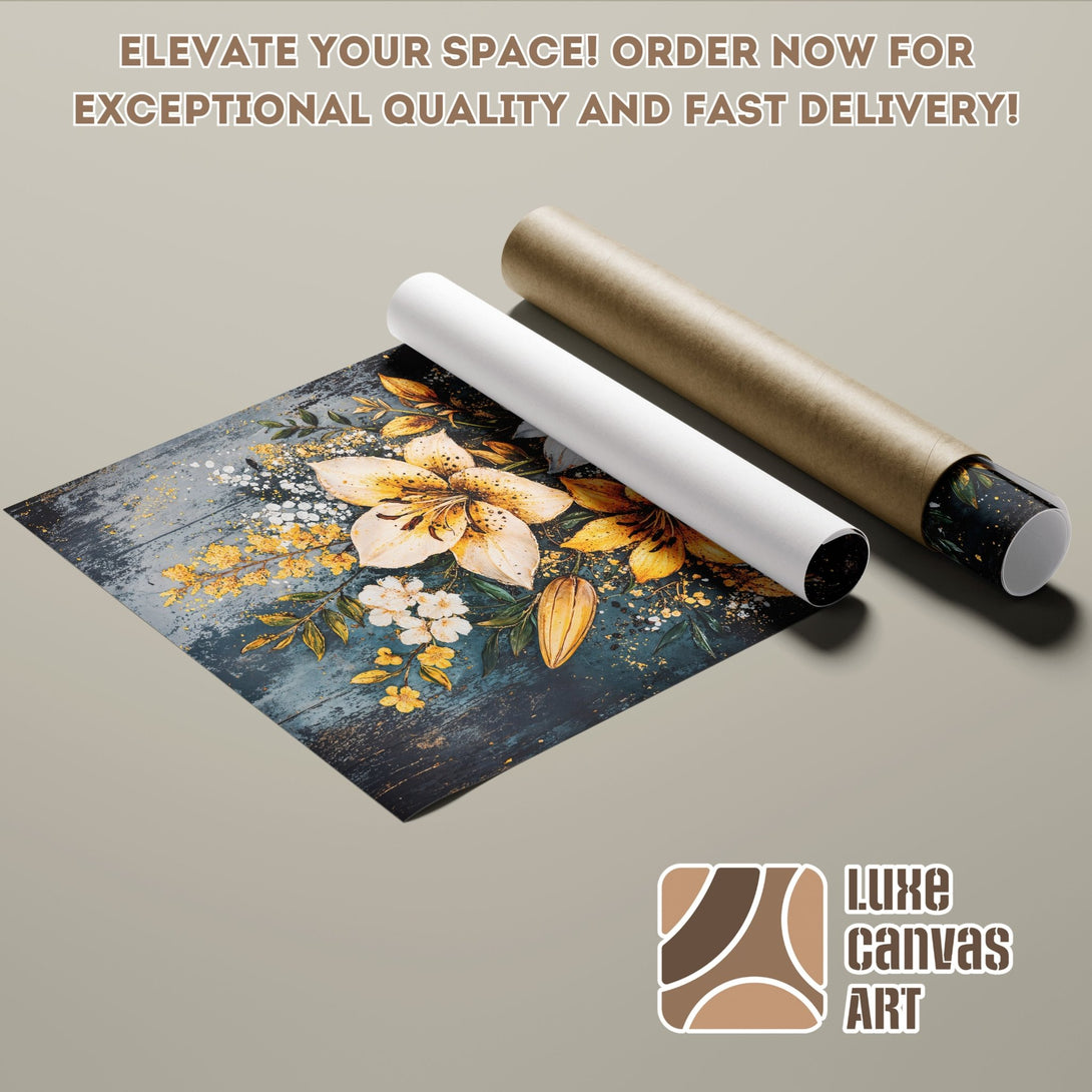 Poster Roll featuring a floral art print in a moody, blue and gold color palette. Elevate your space today!