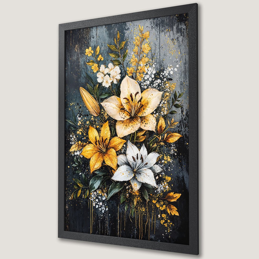 Framed Poster featuring vibrant floral art in yellow, white, and green hues against a dark, textured background. Perfect wall decor!