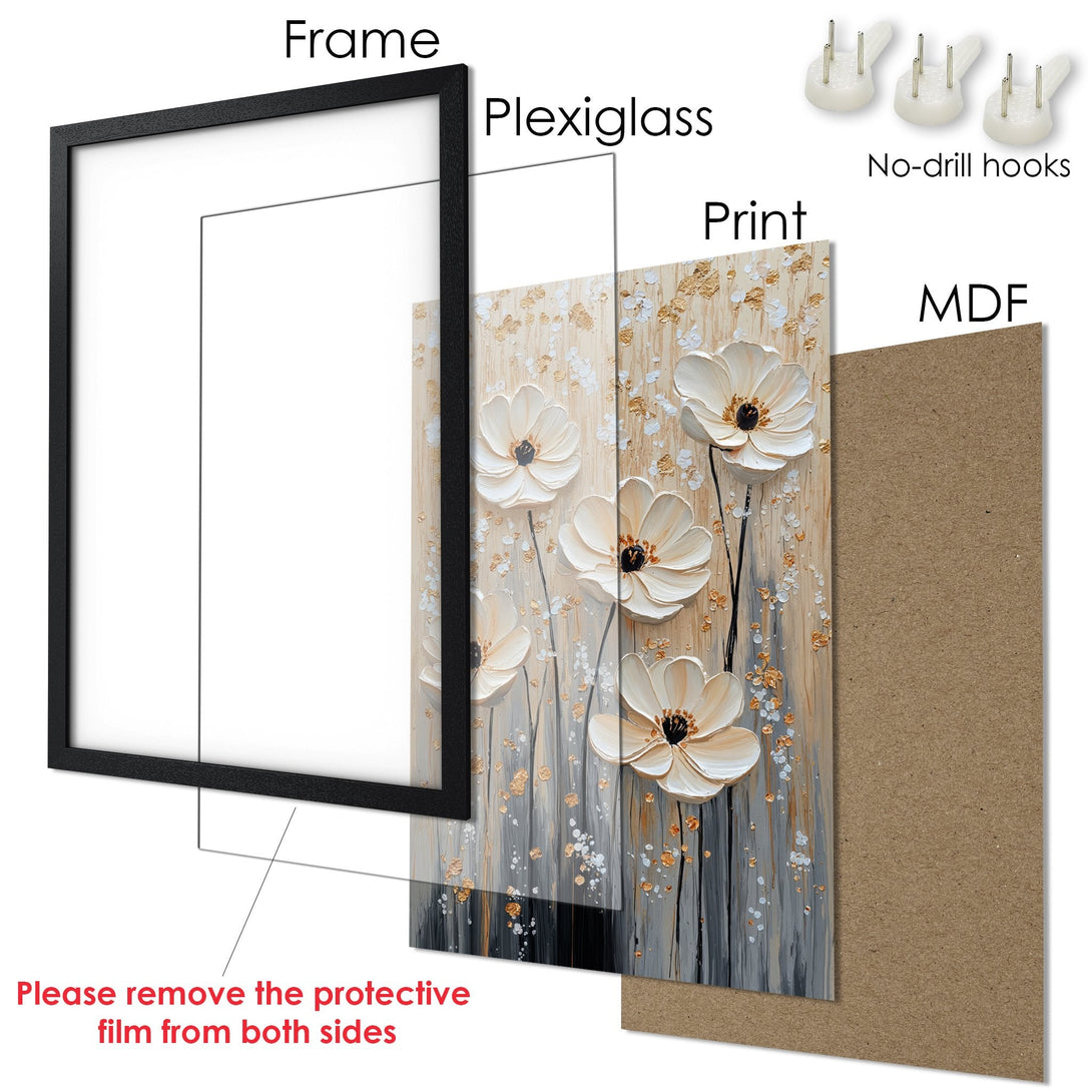 Framed Poster featuring textured white floral art with gold accents on a neutral background. Elegant wall decor with a black frame.
