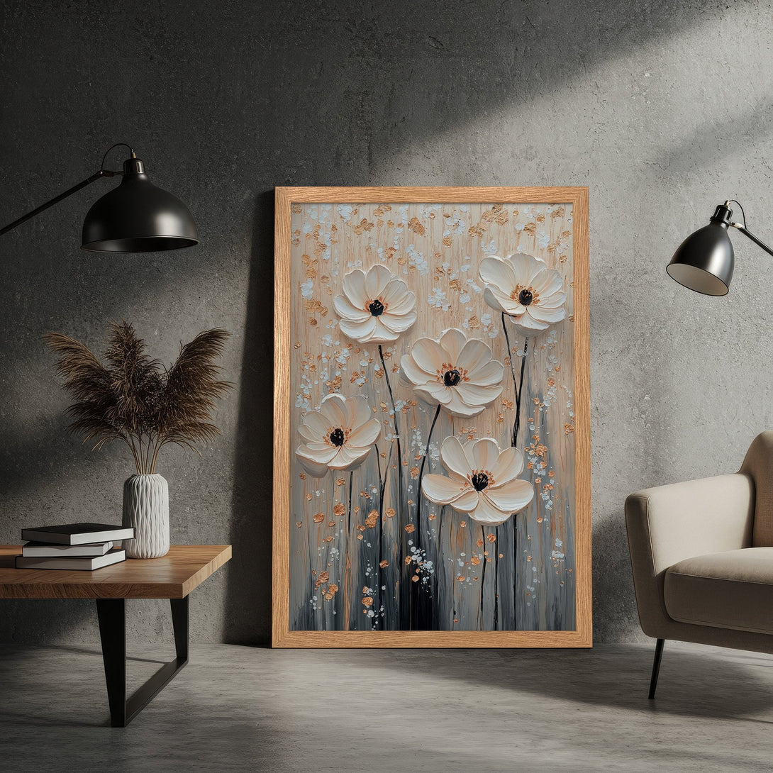 Framed Poster featuring white floral art with a neutral color palette, perfect for modern home decor.