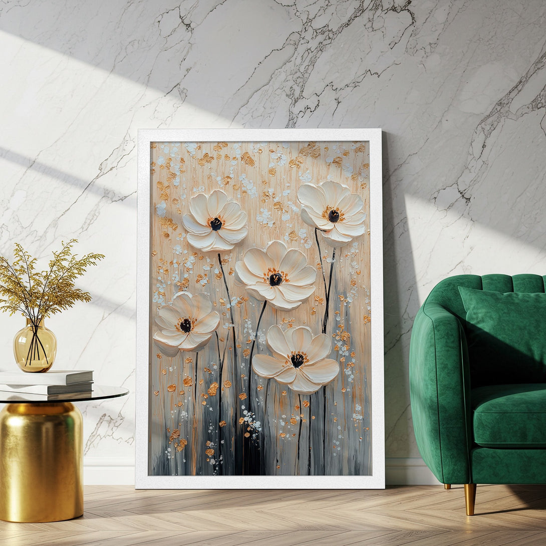 Framed Poster featuring textured floral art in neutral and gold tones, perfect for adding elegance to your home decor.