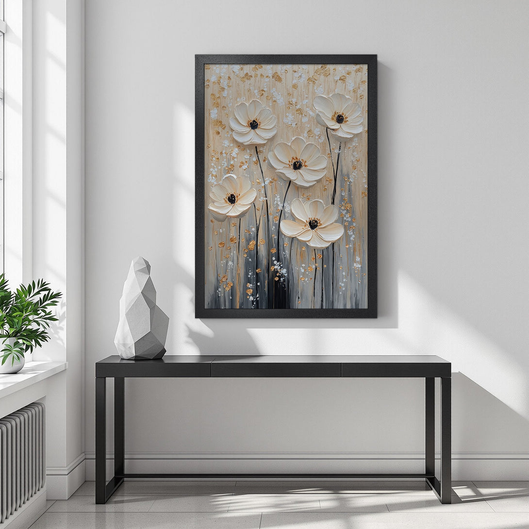 Framed Poster featuring textured white flower art, neutral tones, and gold accents. Elevate your space with this elegant wall art.