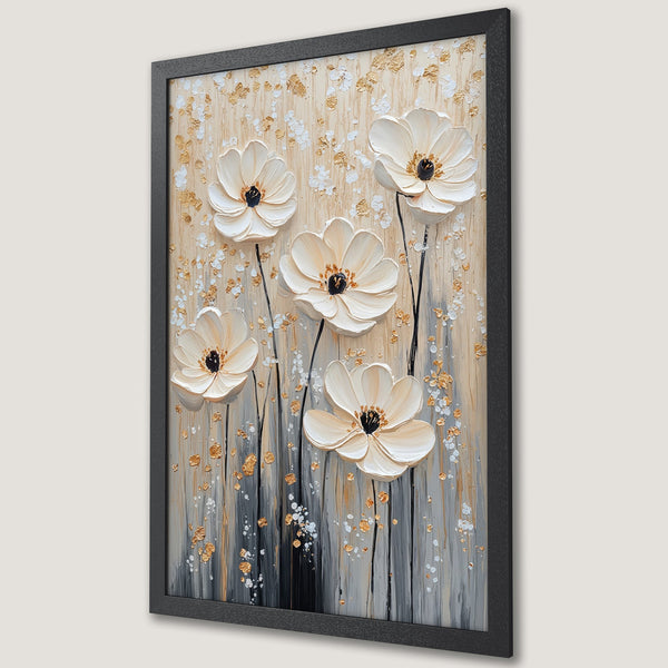 Framed Poster featuring textured white flower art with gold accents, neutral color palette, perfect for home decor.