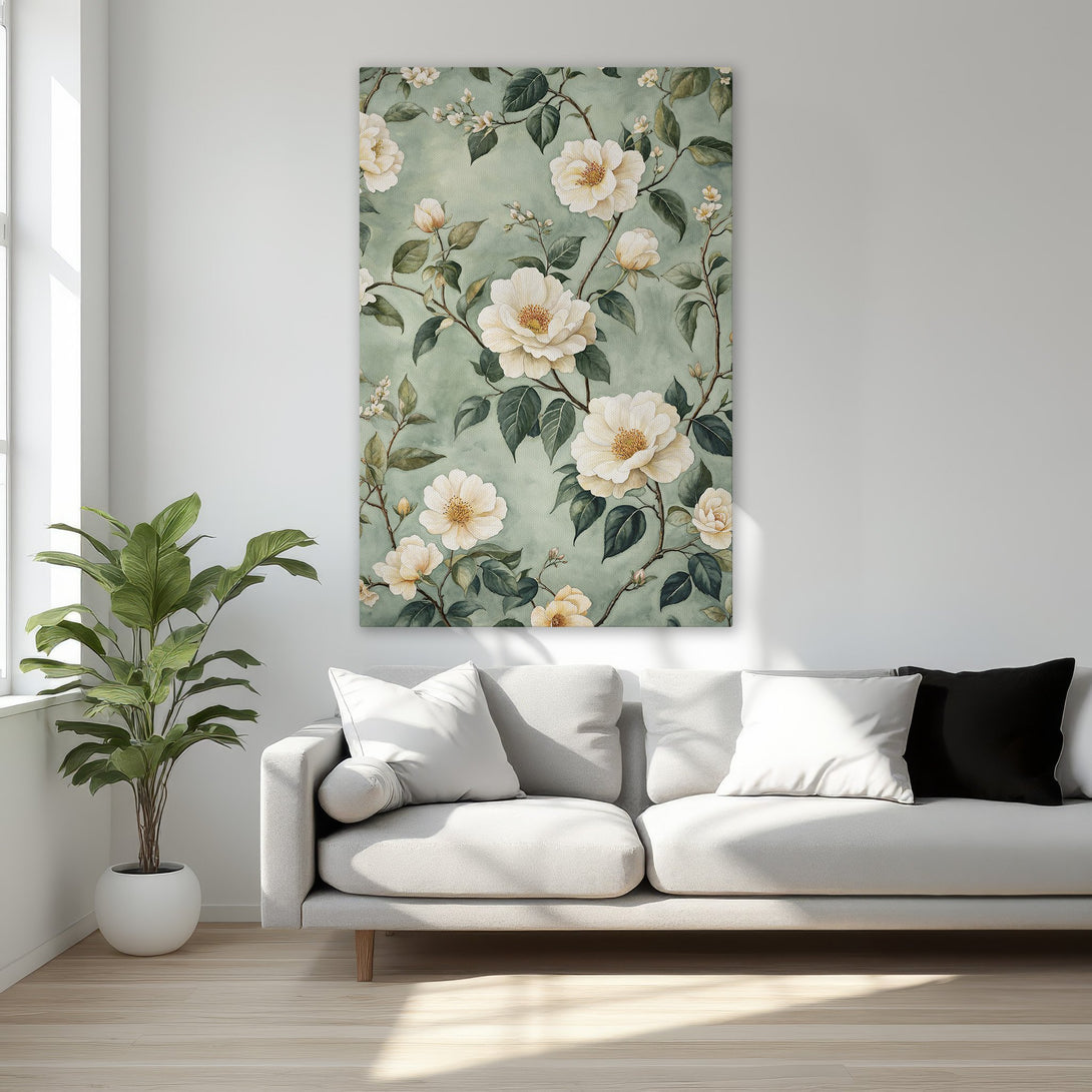 Framed Wall Art: Elegant floral canvas print with white roses on a green background. Adds a touch of sophistication to any bedroom decor.