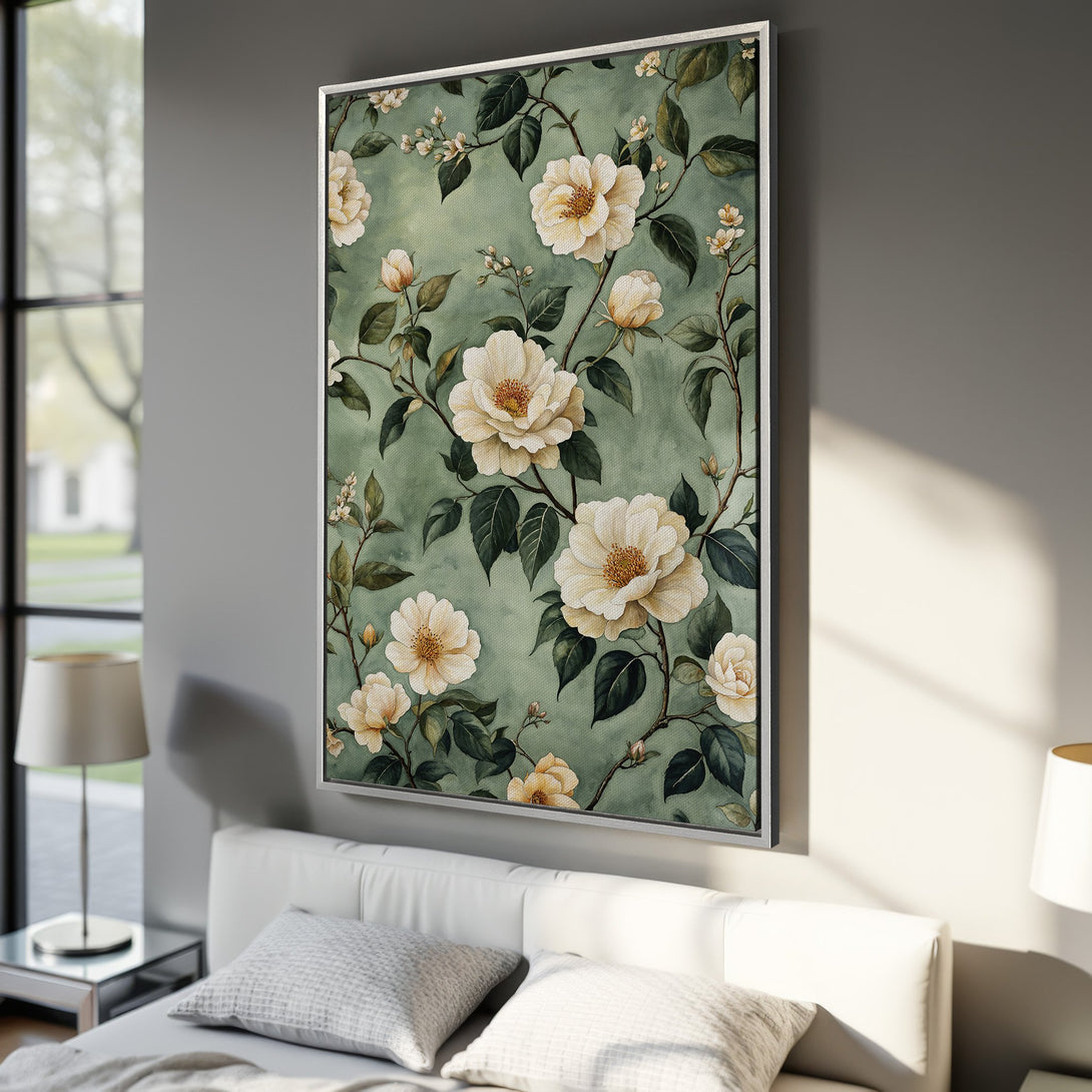 Framed Wall Art featuring a floral watercolor design with white flowers, green leaves, and a muted green background. Adds a touch of elegance to any space.