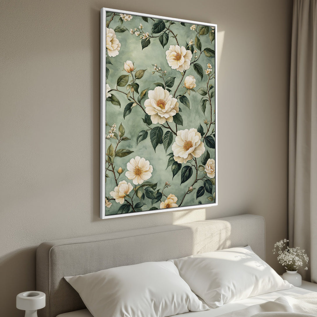 Framed Wall Art featuring elegant watercolor floral design in a soft green and cream color palette. Perfect for adding a touch of nature to your bedroom decor.