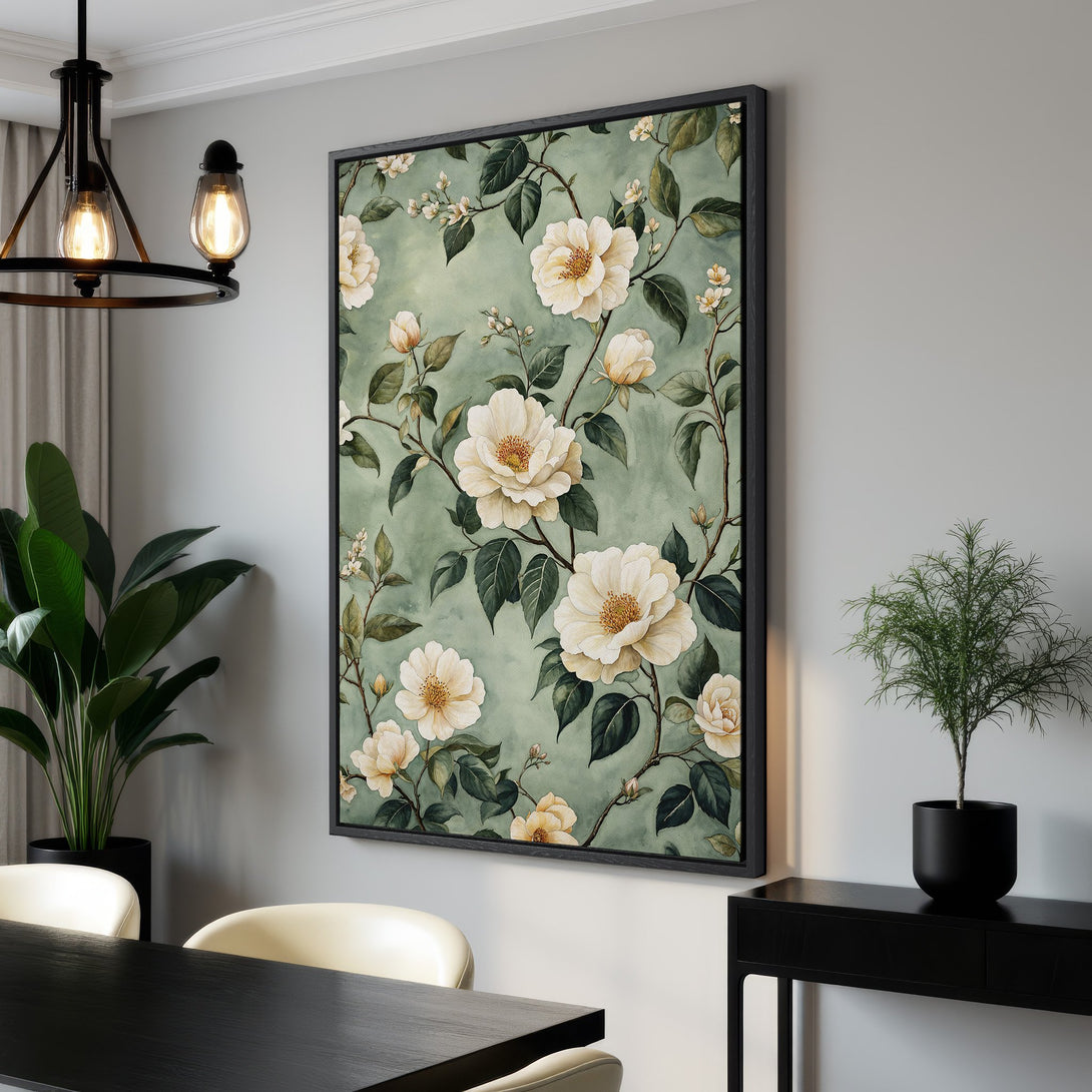 Framed Wall Art featuring elegant floral design with cream roses and green foliage. Soft watercolor style with a muted green and cream color palette. Perfect for home decor.