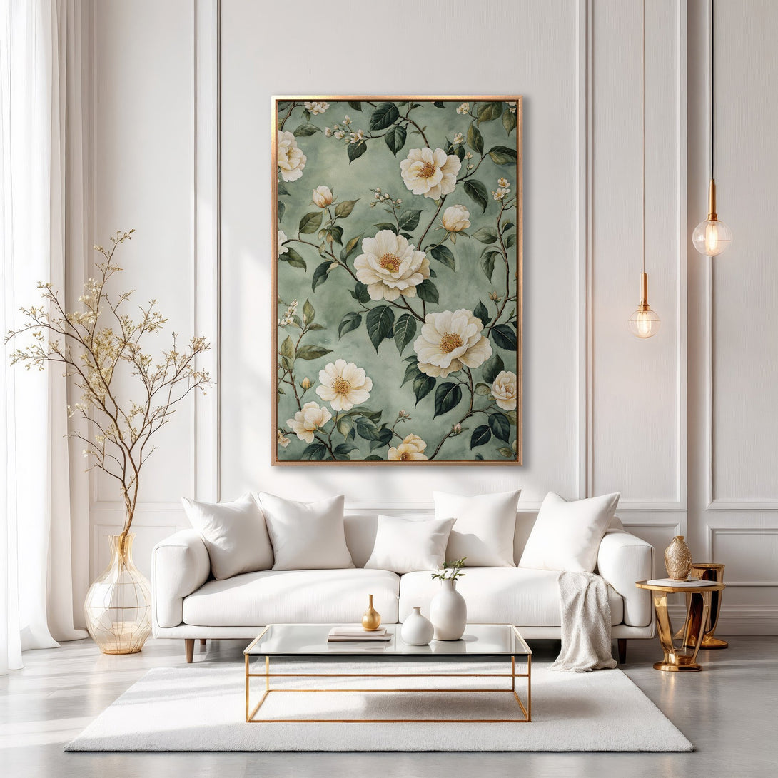 Framed Wall Art featuring elegant floral design in a soft green and cream color palette. Perfect for adding a touch of sophistication to any interior.