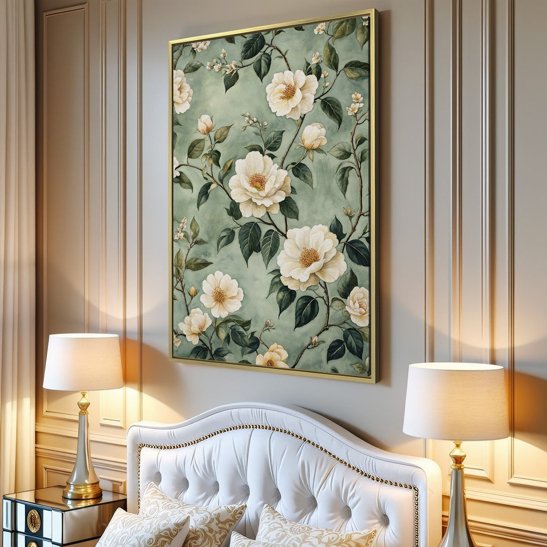 Canvas Print featuring elegant floral design with white roses on a muted green background. Perfect for adding a touch of nature-inspired art to your home.