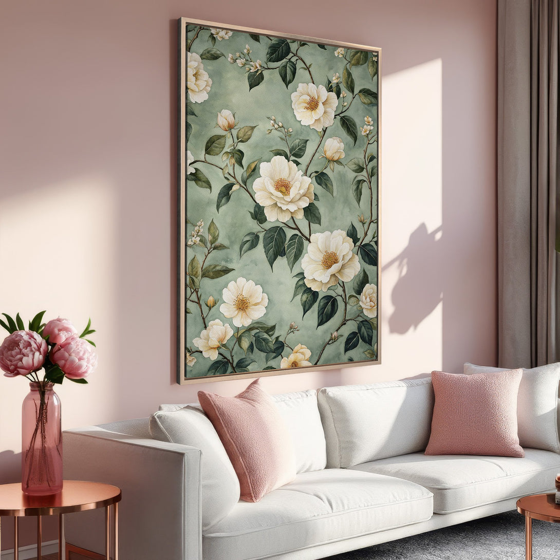 Framed Wall Art featuring elegant floral design in soft green & cream tones. Perfect for adding a touch of nature & sophistication to your home decor.