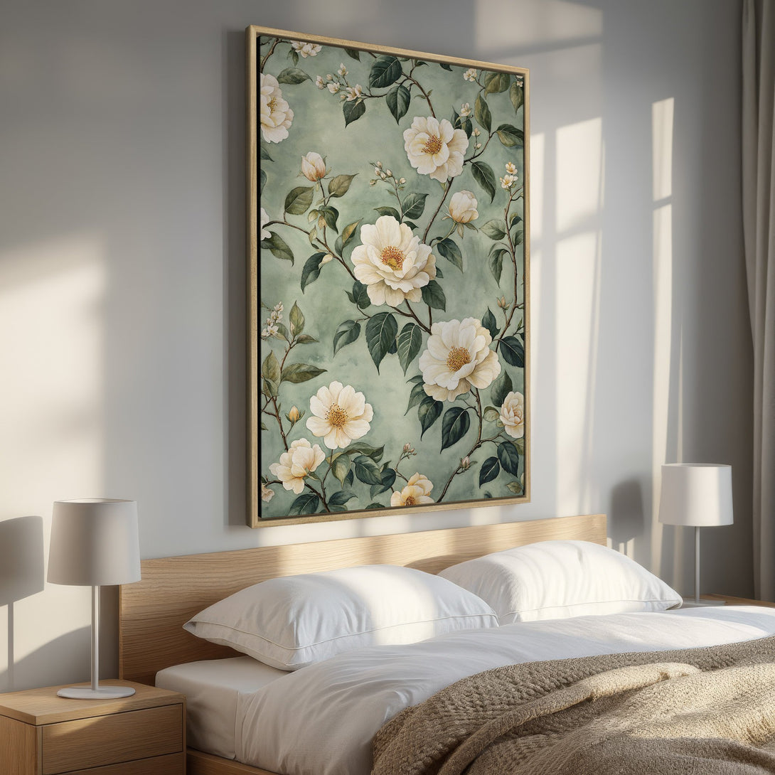 Framed Wall Art featuring elegant white floral design on a soft green background. Perfect for bedroom decor, this canvas print adds a touch of nature-inspired beauty.
