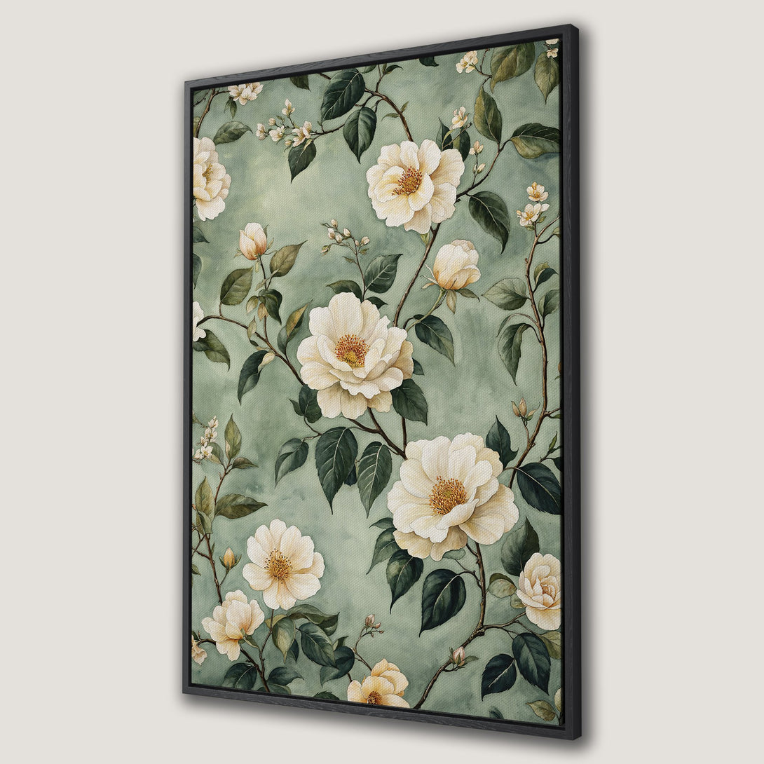 Framed Wall Art featuring watercolor floral print with white flowers, green leaves, and a soft green background. Perfect for adding elegance to any room!