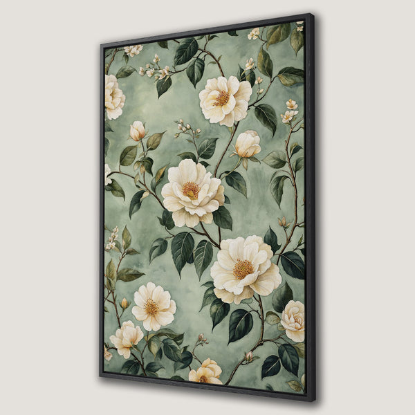 Framed Wall Art featuring watercolor floral print with white flowers, green leaves, and a soft green background. Perfect for adding elegance to any room!