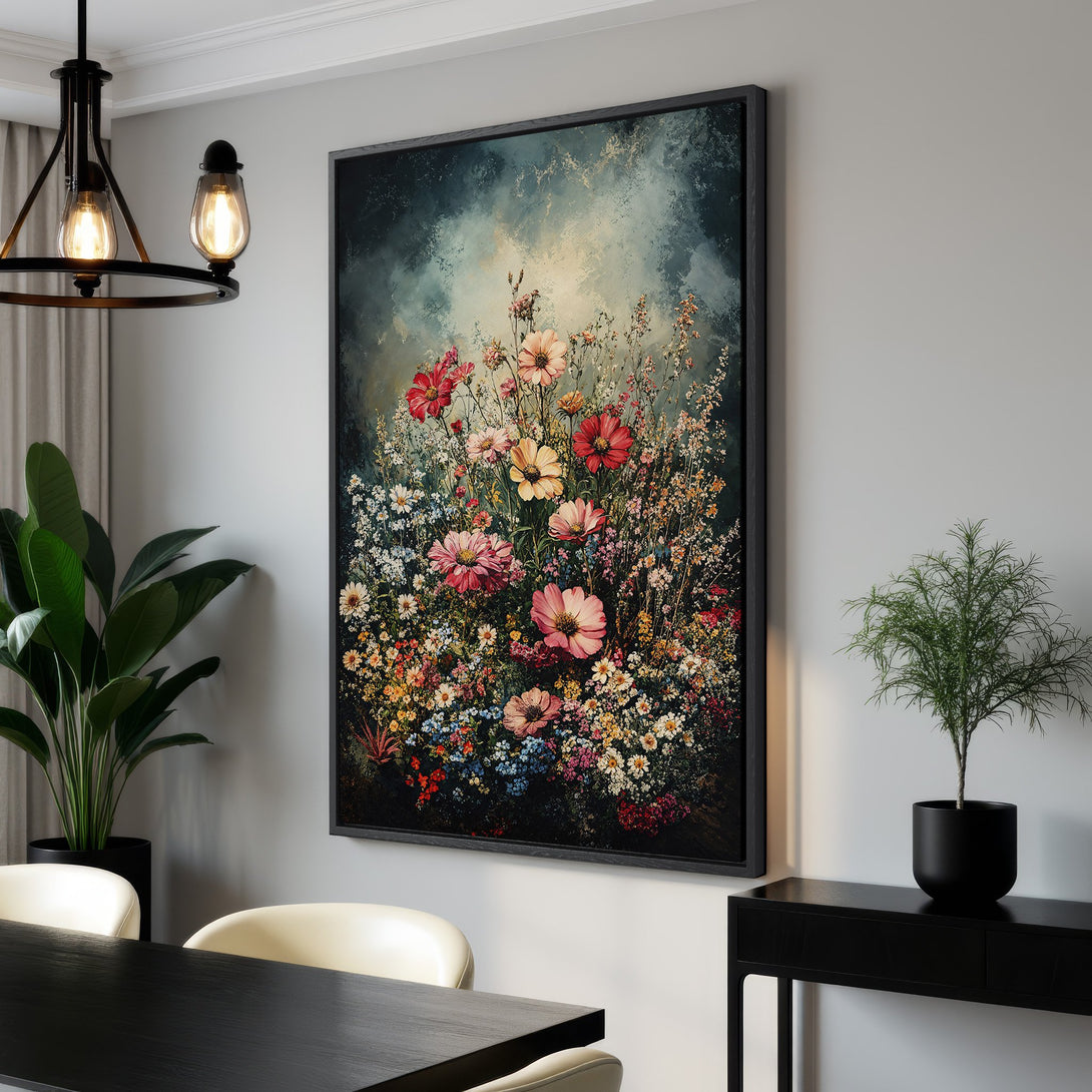 Framed Wall Art featuring a vibrant floral painting. Adds a touch of elegance with its colorful palette and moody background. Perfect for any interior!