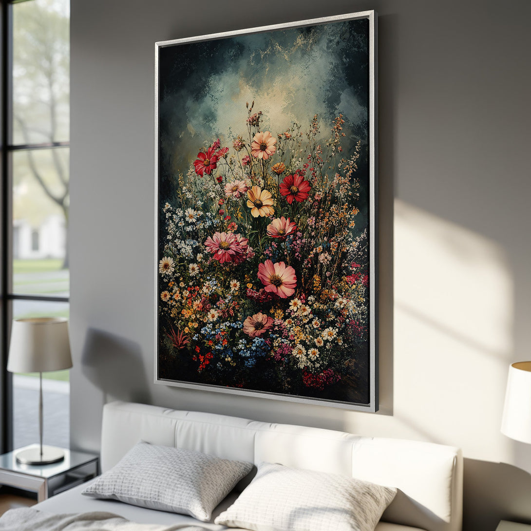 Framed Wall Art of vibrant floral bouquet in a moody, painterly style. Rich colors of red, pink, and yellow pop against a dark background. Perfect for any space!