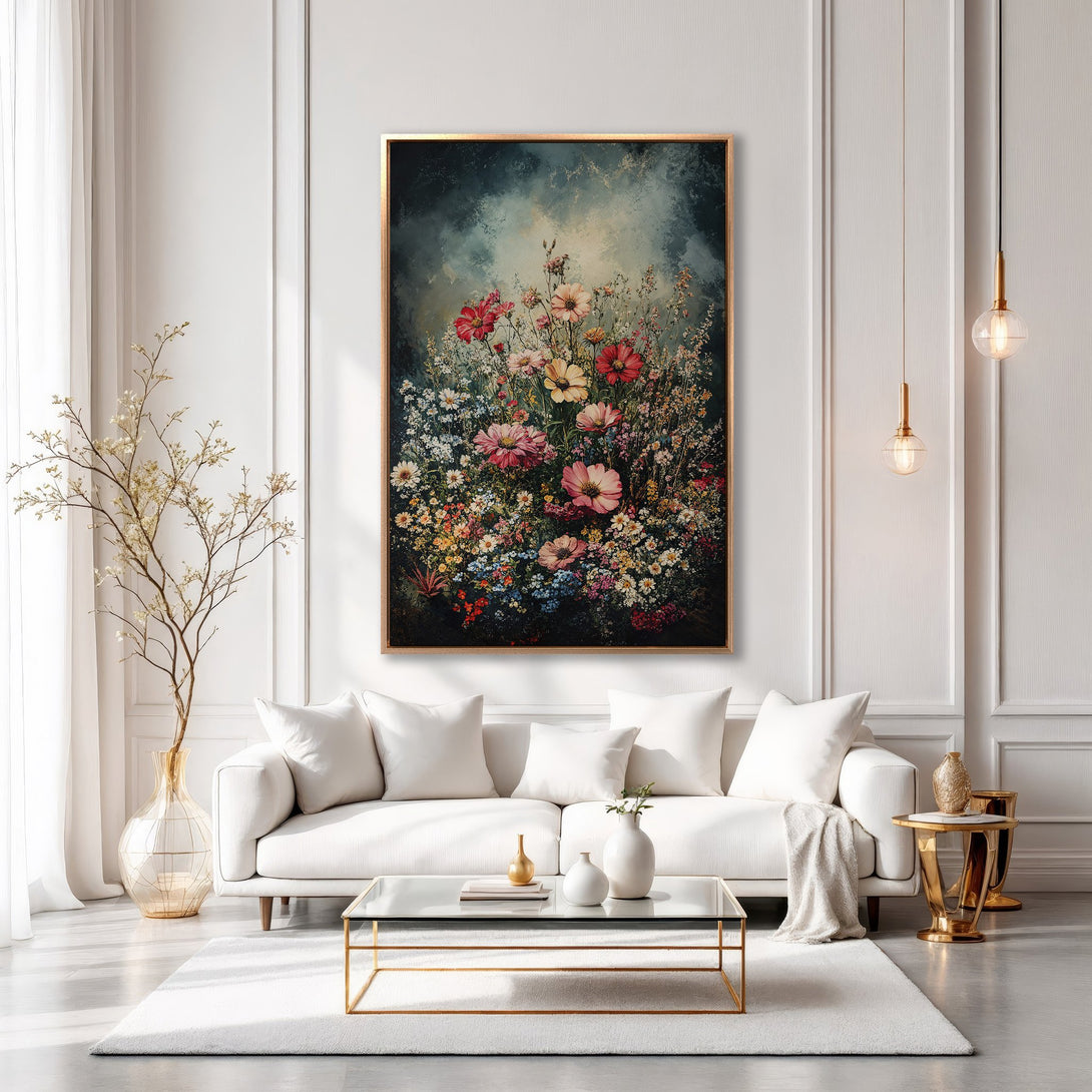 Framed Wall Art: Floral painting with vibrant pink, red, and yellow flowers. Elegant interior with a white sofa, gold accents, and a soft, warm color palette.