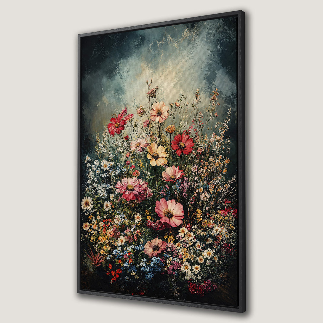 Framed Wall Art featuring a vibrant floral bouquet in a vintage style with a moody, dark color palette. Perfect for adding a touch of elegance!