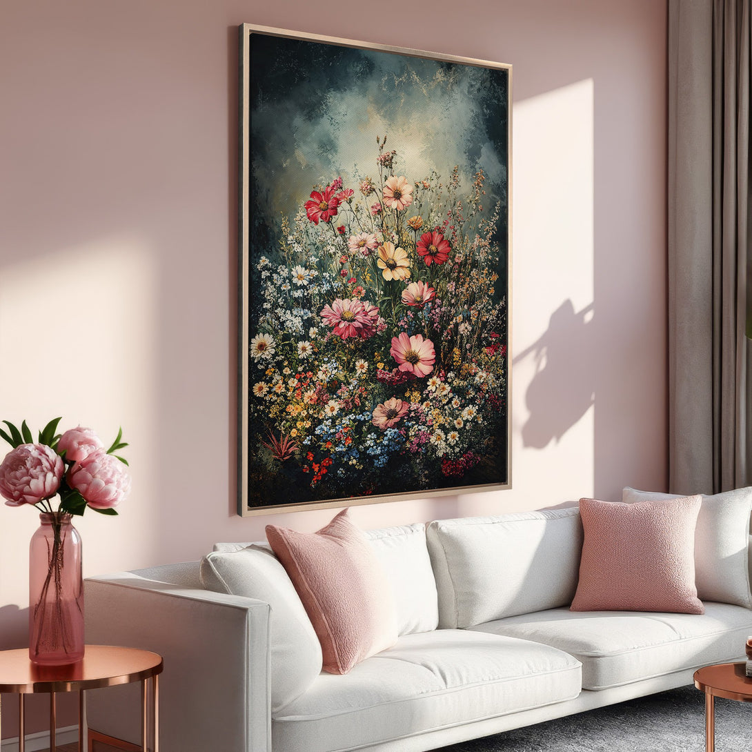 Framed Wall Art: Floral painting in a modern interior. Features a vibrant bouquet with a pink, red, and yellow color palette, enhancing any living space.
