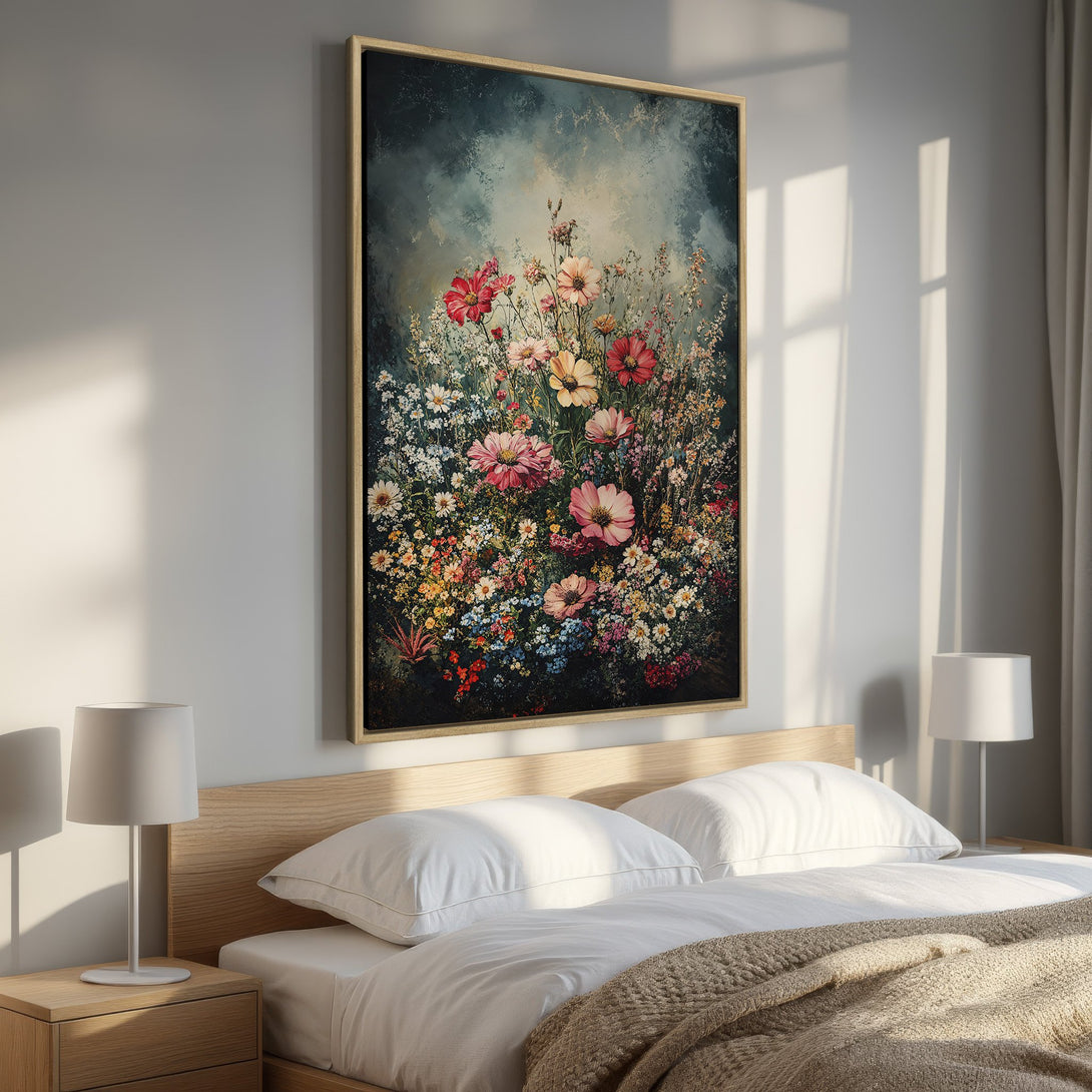 Framed Wall Art: Floral painting in a bedroom. Featuring vibrant flowers in pink, red, and yellow against a moody, dark background. Perfect for a bedroom refresh!