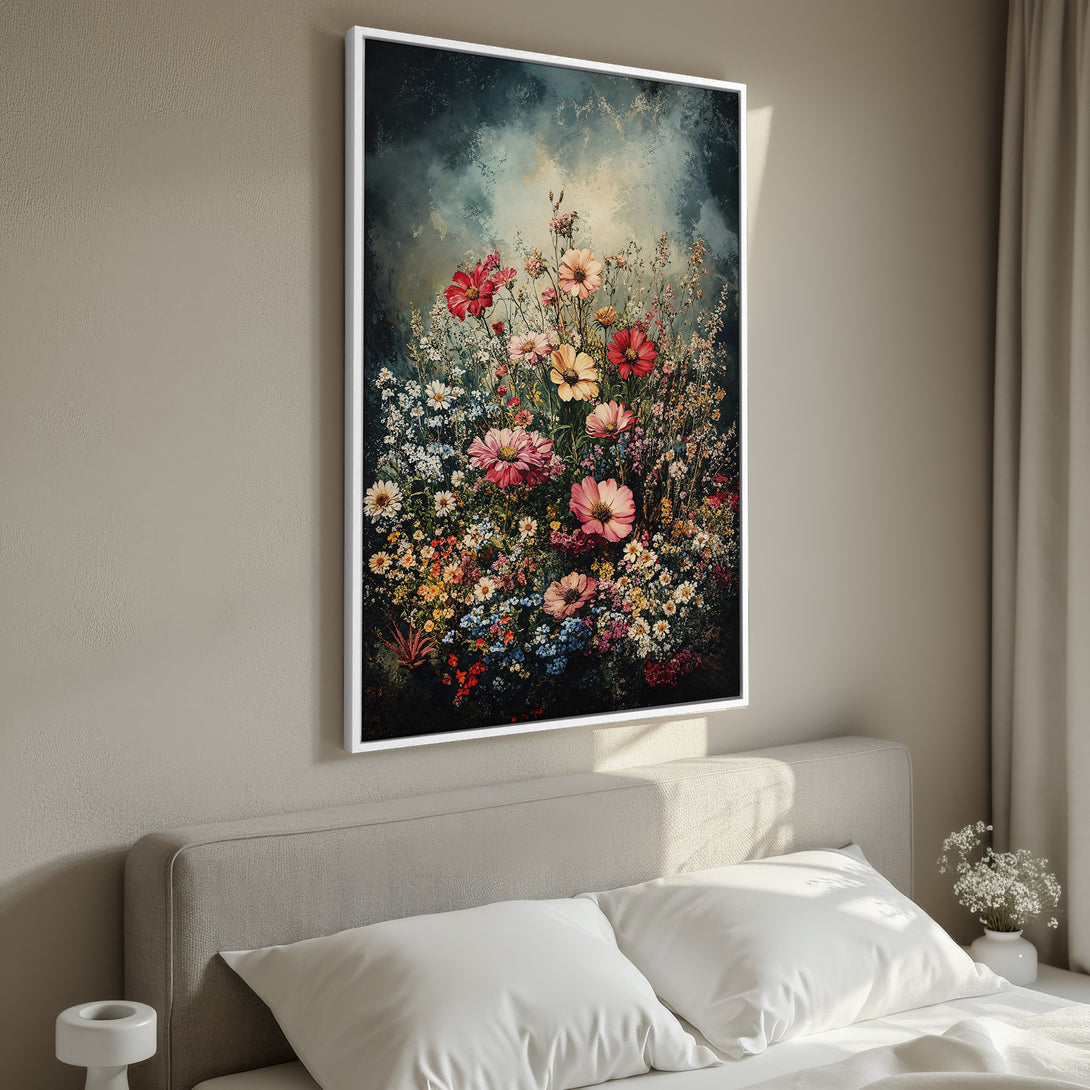 Framed Wall Art featuring a vibrant floral painting with a dark, moody background. Colorful flowers in a bedroom setting.
